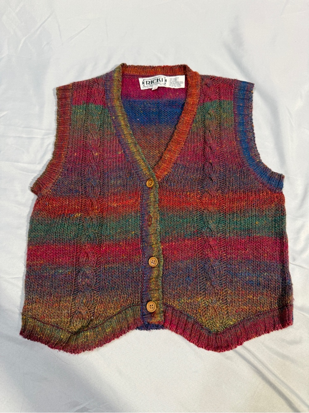 Vintage Rickis Multicolor Striped Cable-Knit Wool-Blend Vest Red Blue Medium